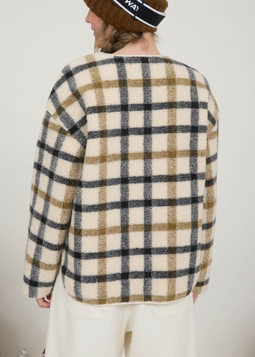 Marigold Plaid Button-Down Teddy Jacket - Cream Multi