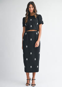 Jewel Embellished Cropped Top & Midi Skirt Set - Black