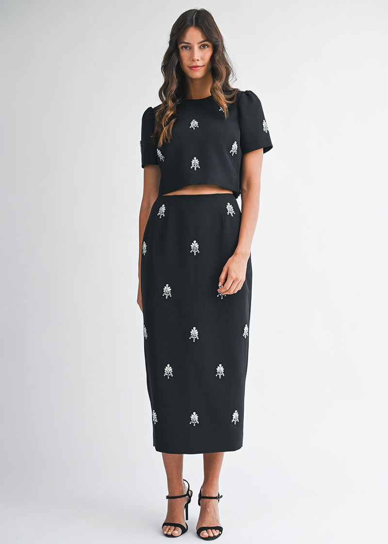 Jewel Embellished Cropped Top & Midi Skirt Set - Black
