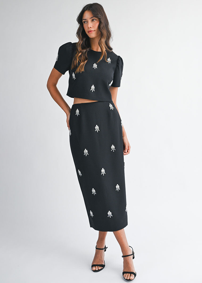 Jewel Embellished Cropped Top & Midi Skirt Set - Black