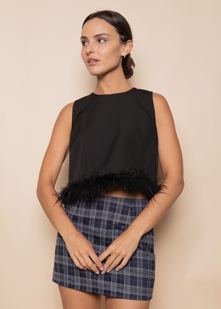 Betsie Feather Trimmed Crop Top - Black