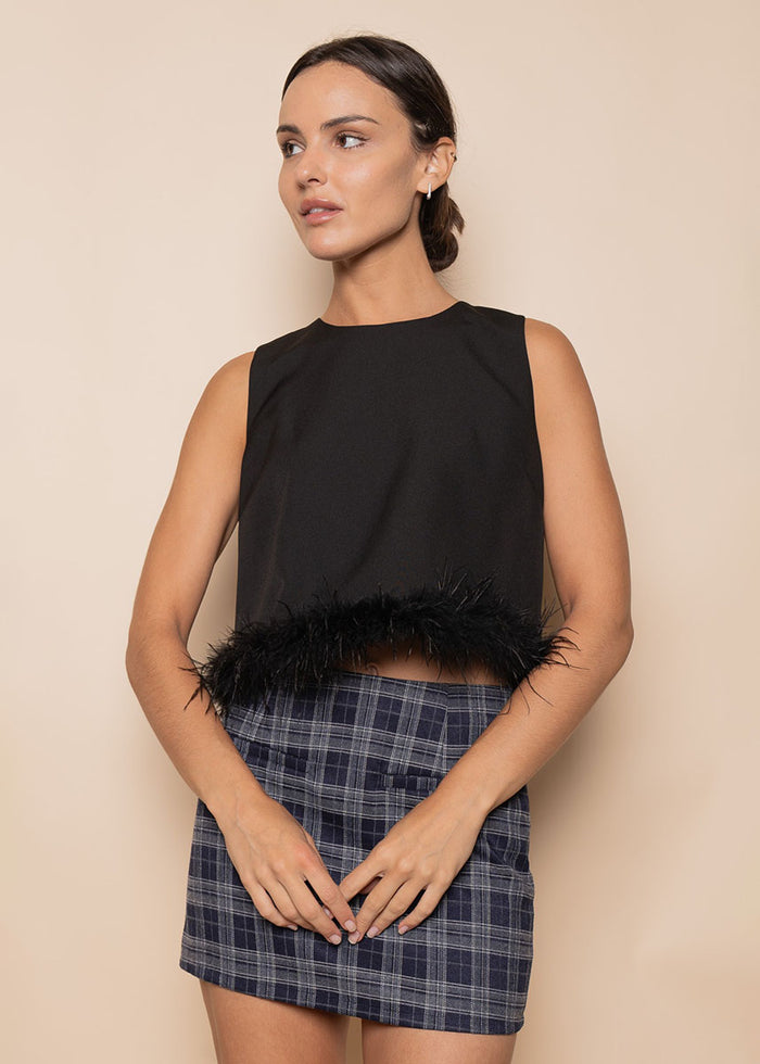 Betsie Feather Trimmed Crop Top - Black