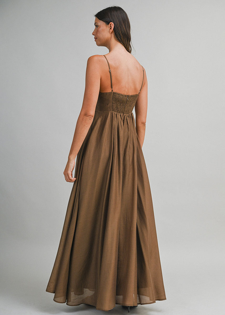 Zaina Ruched Bust Draping Maxi Dress - Brown