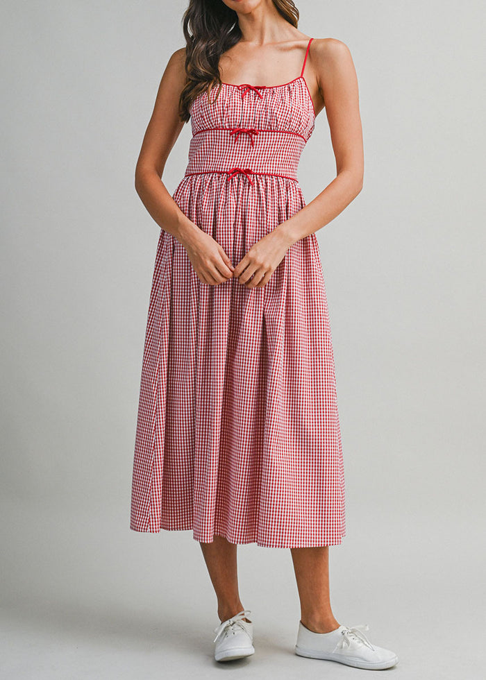 Gabrielle Gingham Ruched Midi Dress - Red