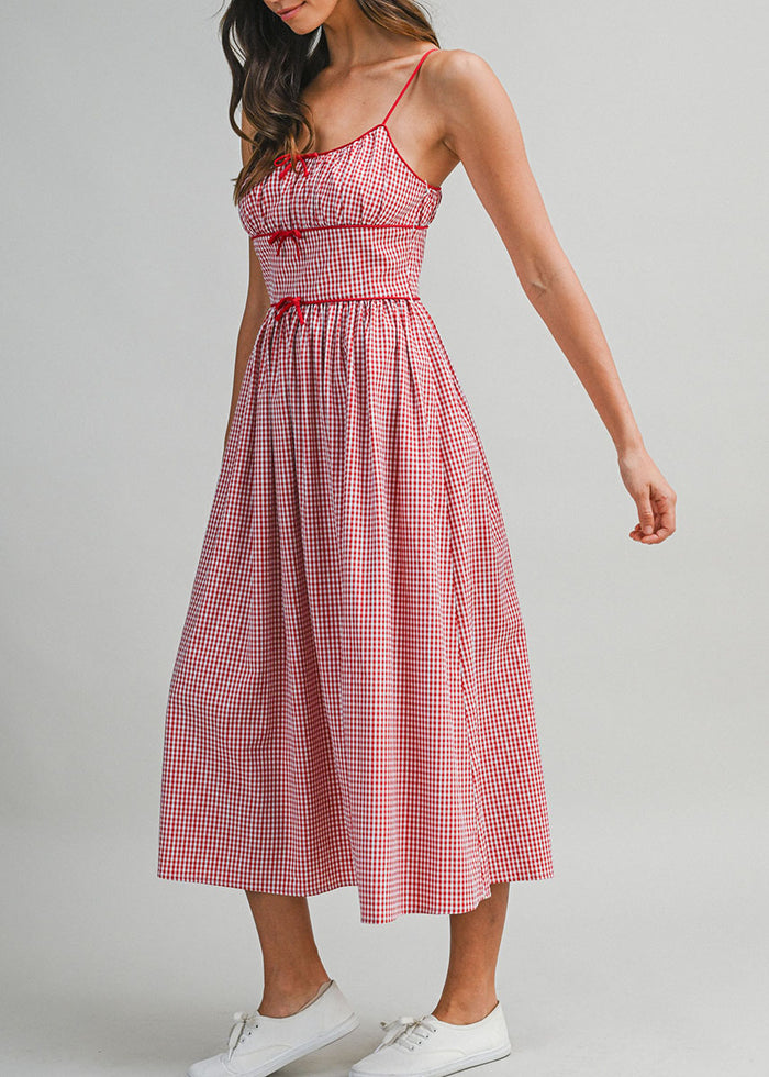 Gabrielle Gingham Ruched Midi Dress - Red