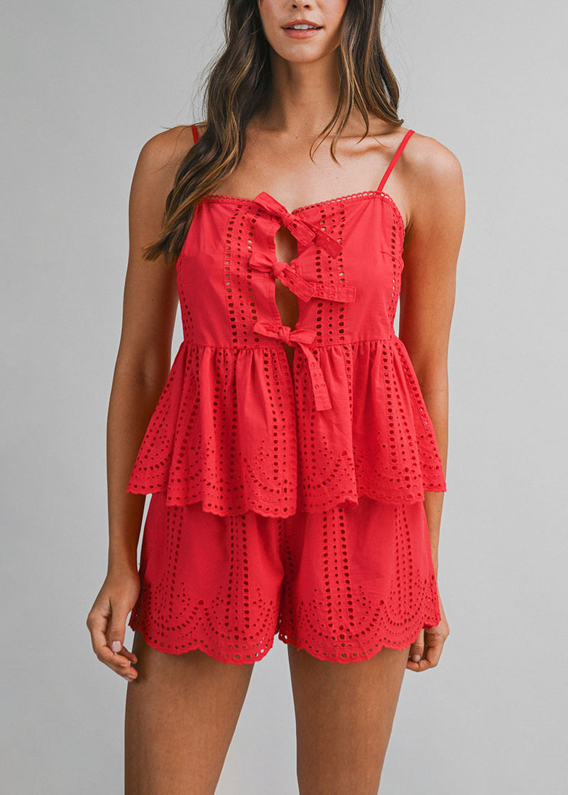 Coralie Eyelet Lace Tank & Shorts Set - Red