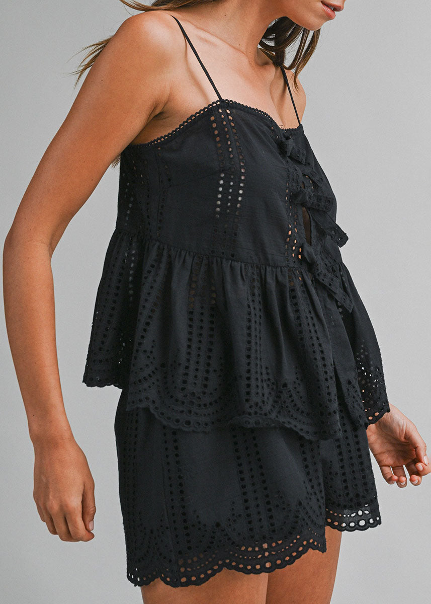Coralie Eyelet Lace Tank & Shorts Set - Black