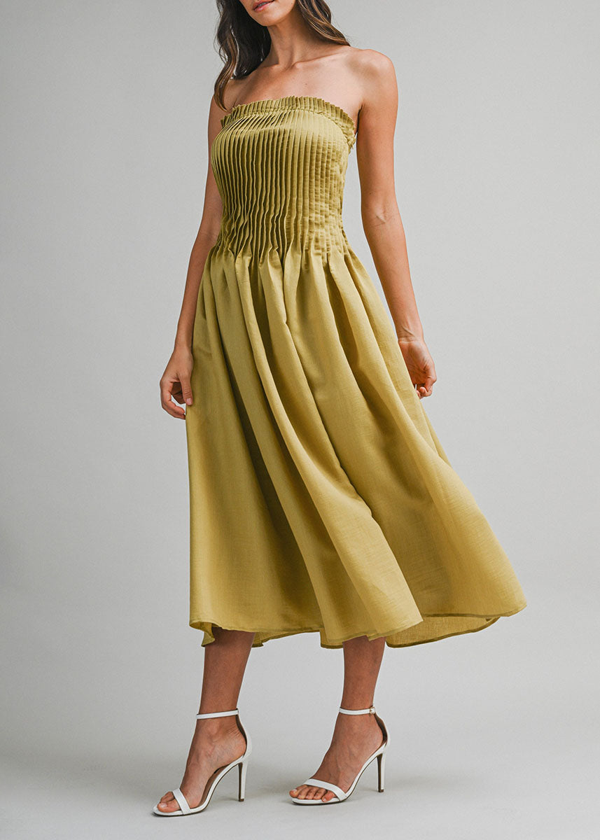 Emerald Pleated Tube Midi Dress - Dark Kiwi