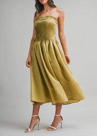 Emerald Pleated Tube Midi Dress - Dark Kiwi