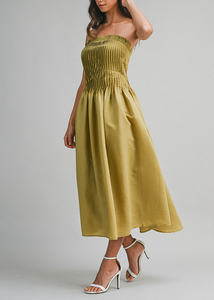Emerald Pleated Tube Midi Dress - Dark Kiwi