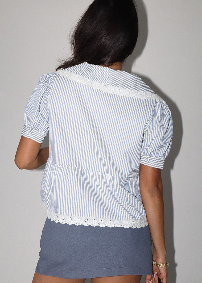 Whitney Striped Lace Trim Top - Blue