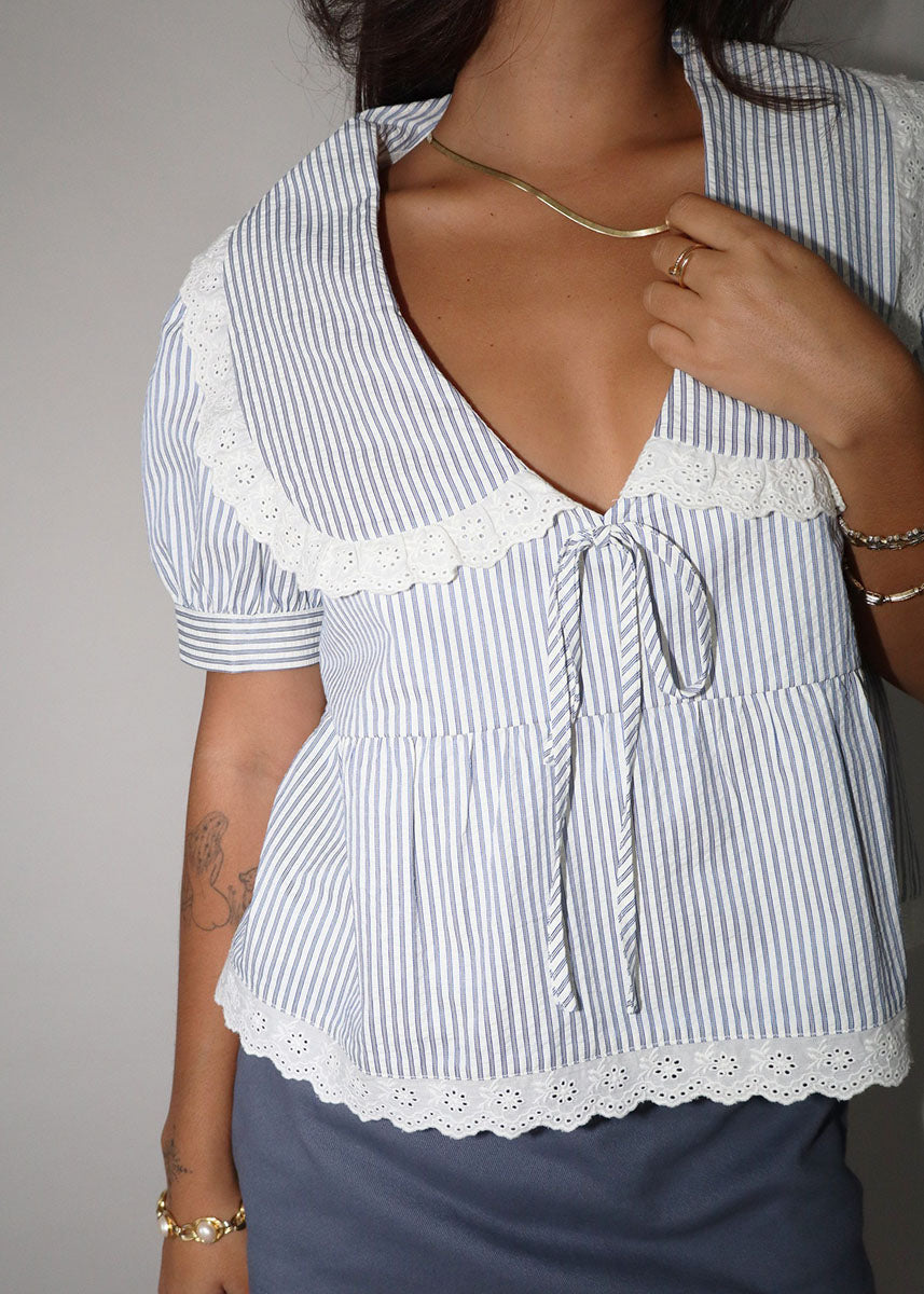 Whitney Striped Lace Trim Top - Blue
