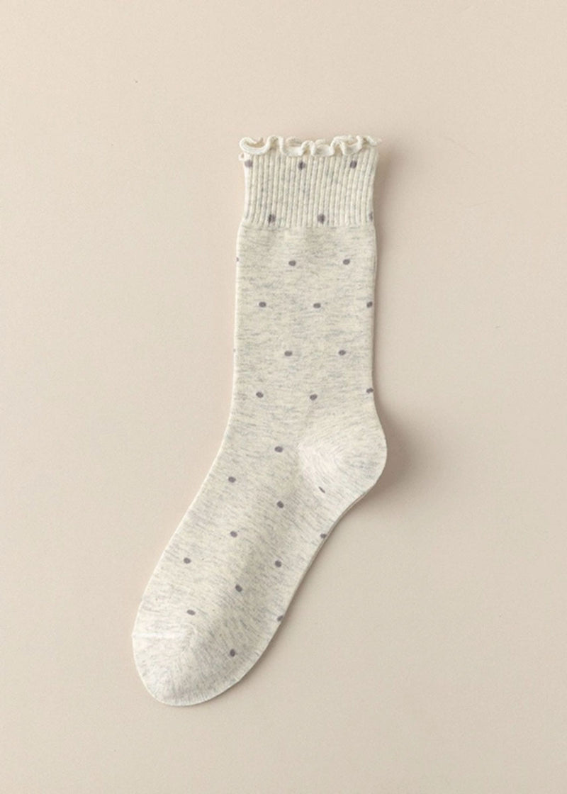 Polka Dot Ruffle Lace Mid Socks - Grey