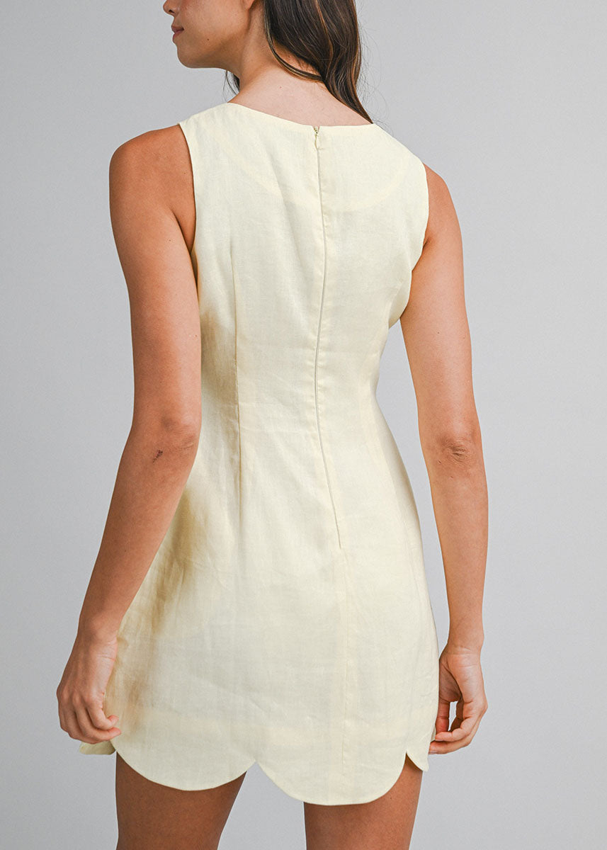 Tulip Linen Scallop Hem Mini Dress - Butter Yellow