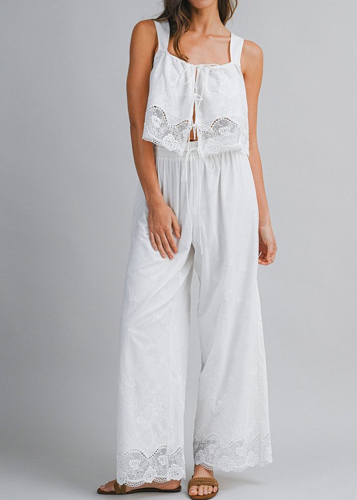 Cosette Embroidered Tie Top & Pant Set - Off-White