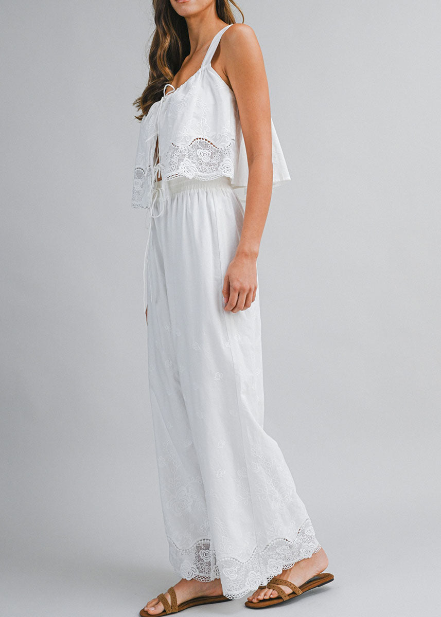 Cosette Embroidered Tie Top & Pant Set - Off-White