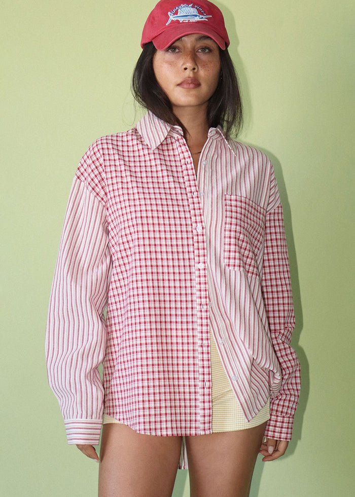 Indigo Mixed Stripe Oversized Shirt - Red
