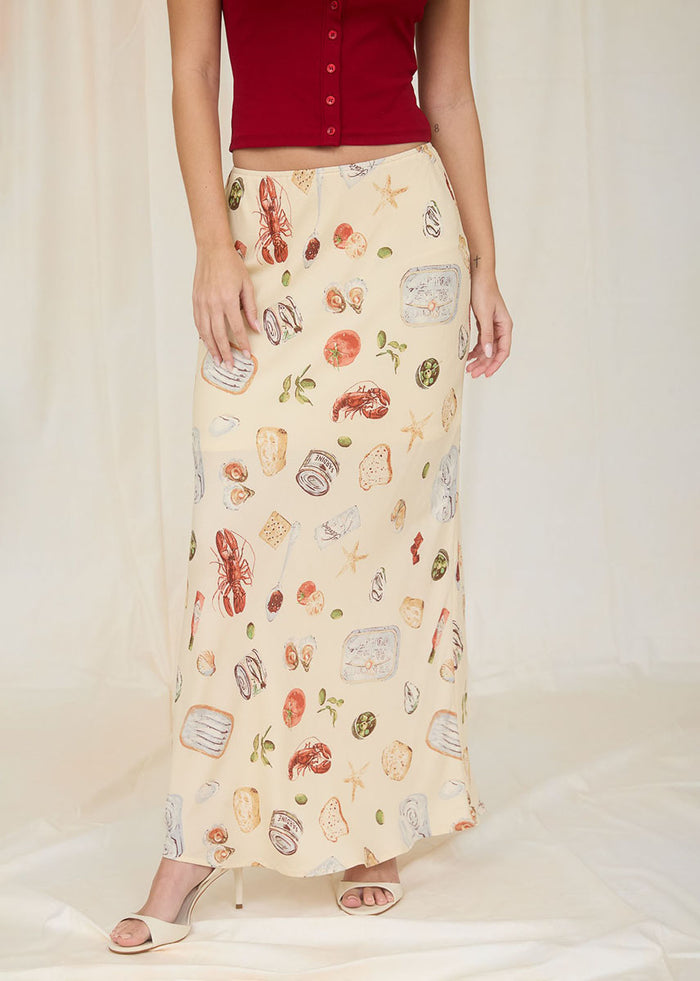 Portofino Slip On Midi Skirt - Light Khaki Multi