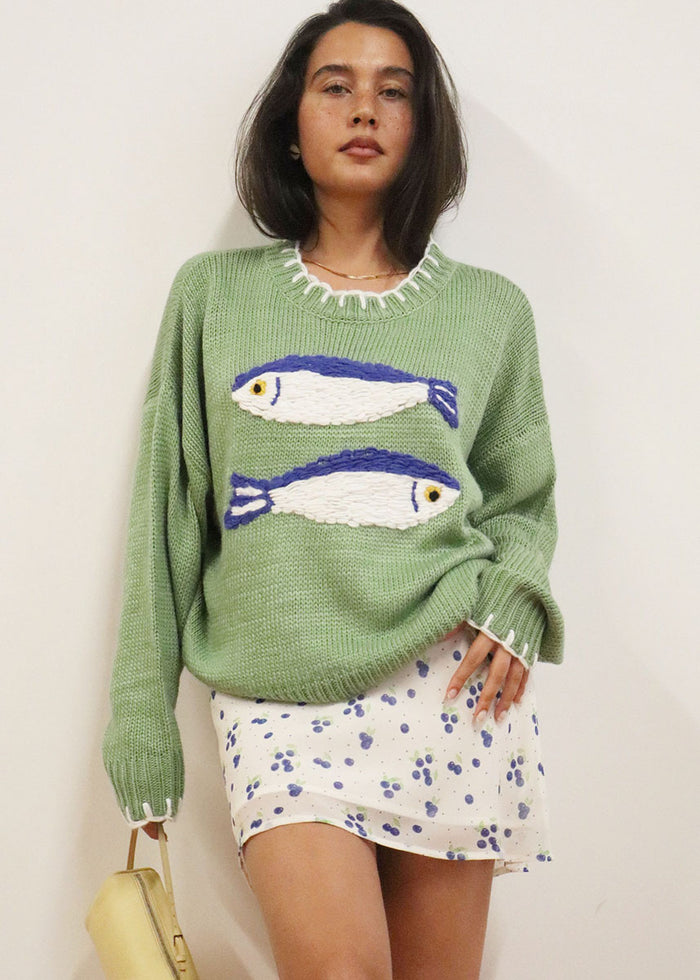 Morgan Fish Stitch Sweater - Basil