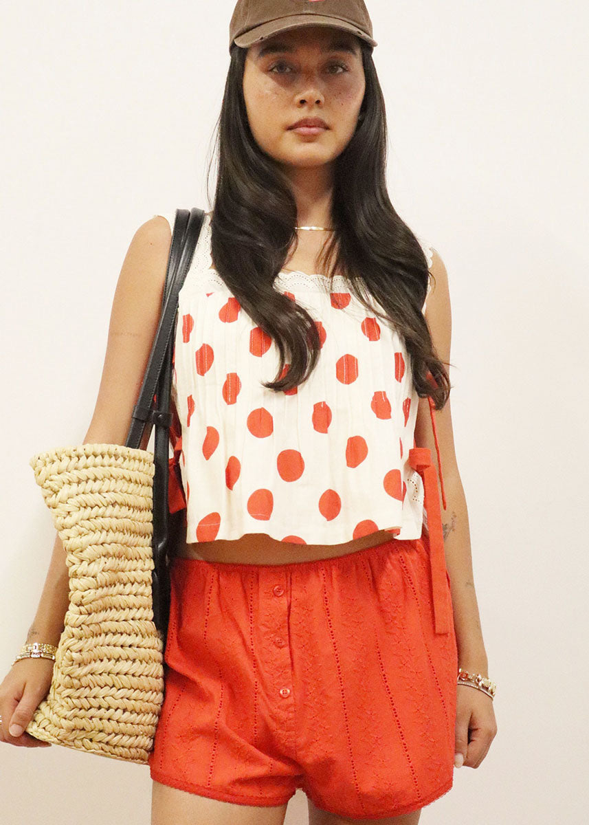 Fern Polka Dot Lace Tie Crop Top - Poppy Red