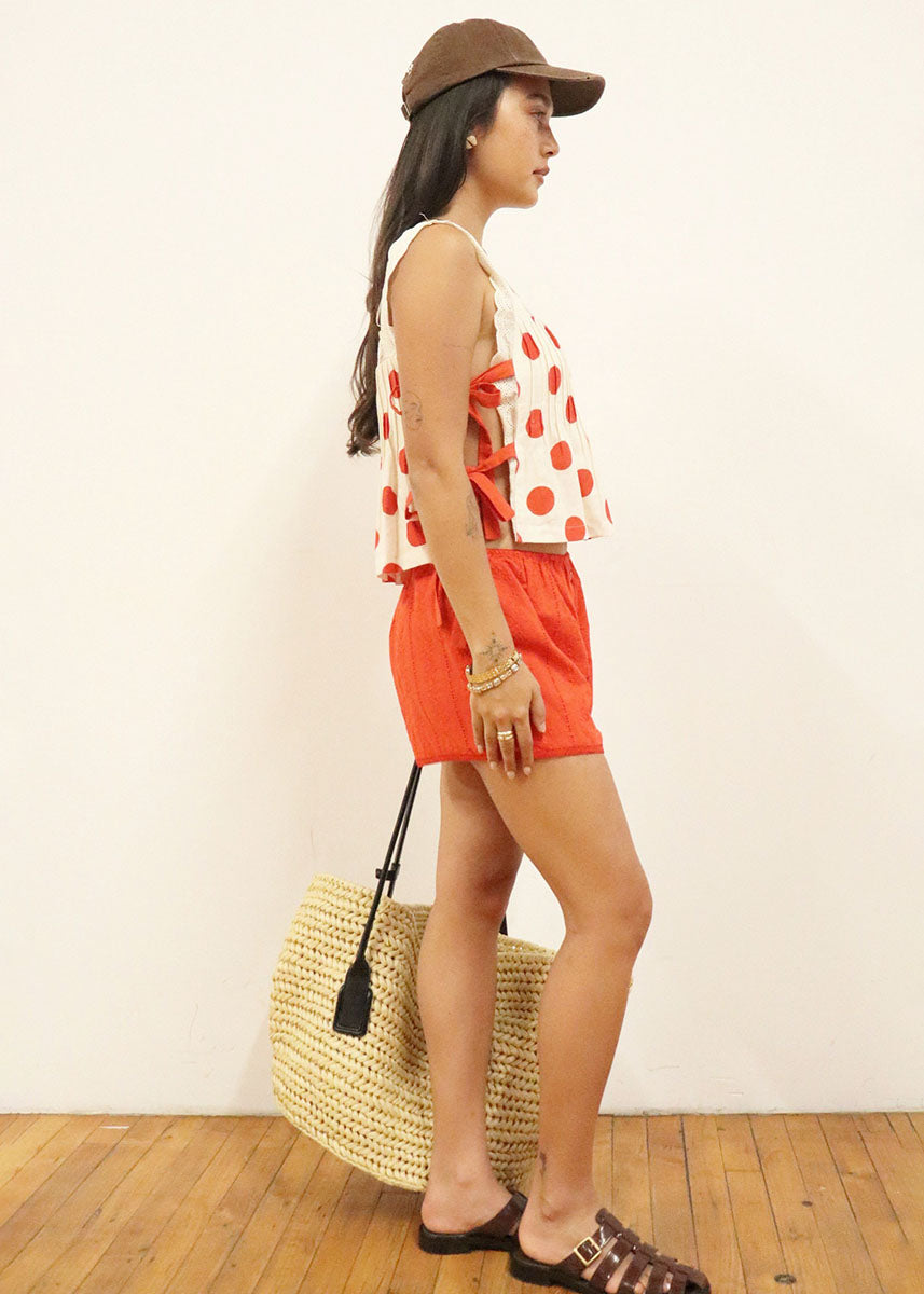 Fern Polka Dot Lace Tie Crop Top - Poppy Red