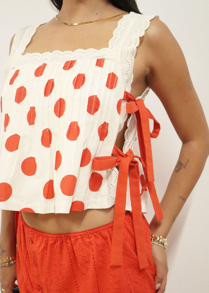 Fern Polka Dot Lace Tie Crop Top - Poppy Red