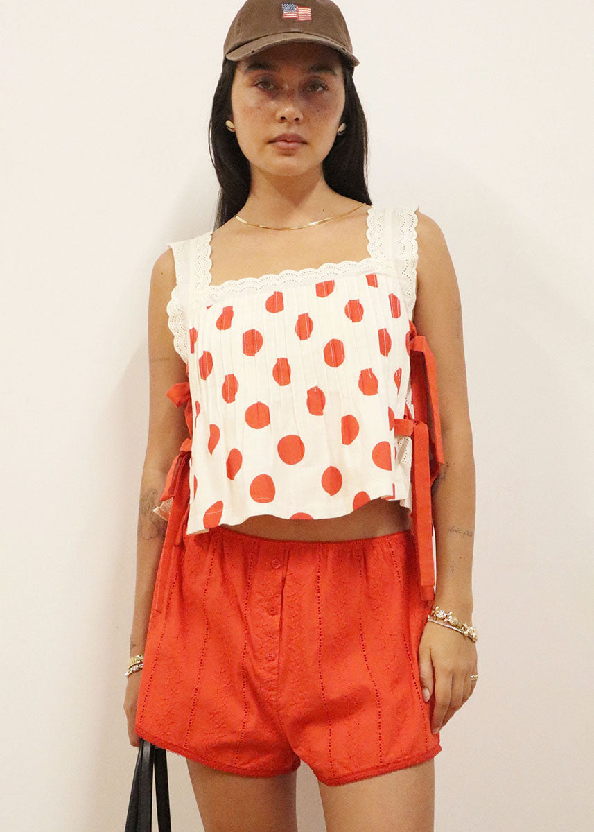 Fern Polka Dot Lace Tie Crop Top - Poppy Red