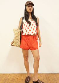 Fern Polka Dot Lace Tie Crop Top - Poppy Red