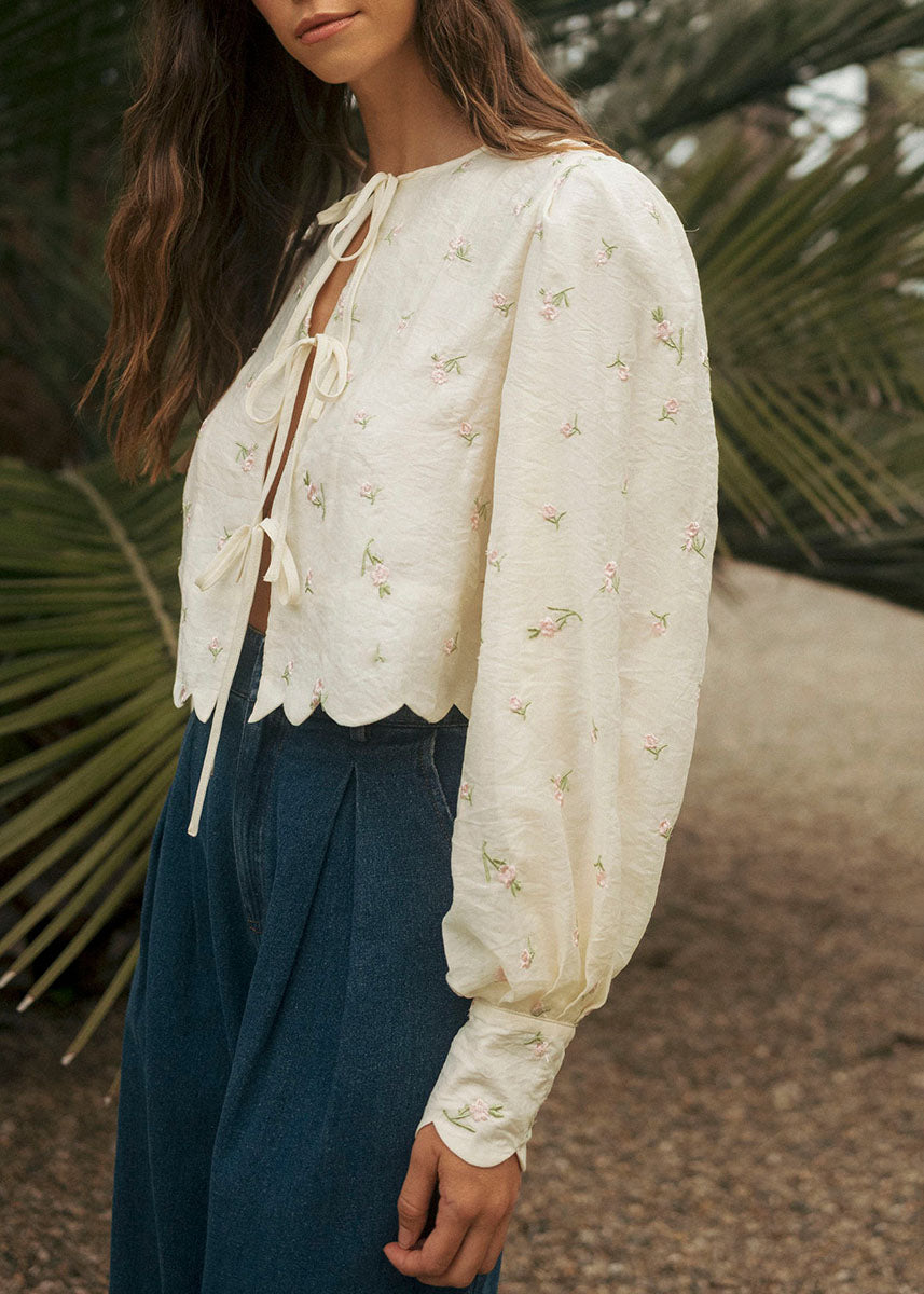 Ellen Ditzy Floral Embroidered Scallop Blouse - Butter Yellow