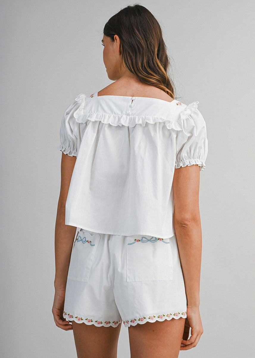 Keelie Embroidered Puff Crop Top & Short Set - Off-White