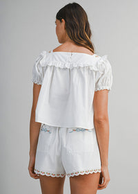 Keelie Embroidered Puff Crop Top & Short Set - Off-White