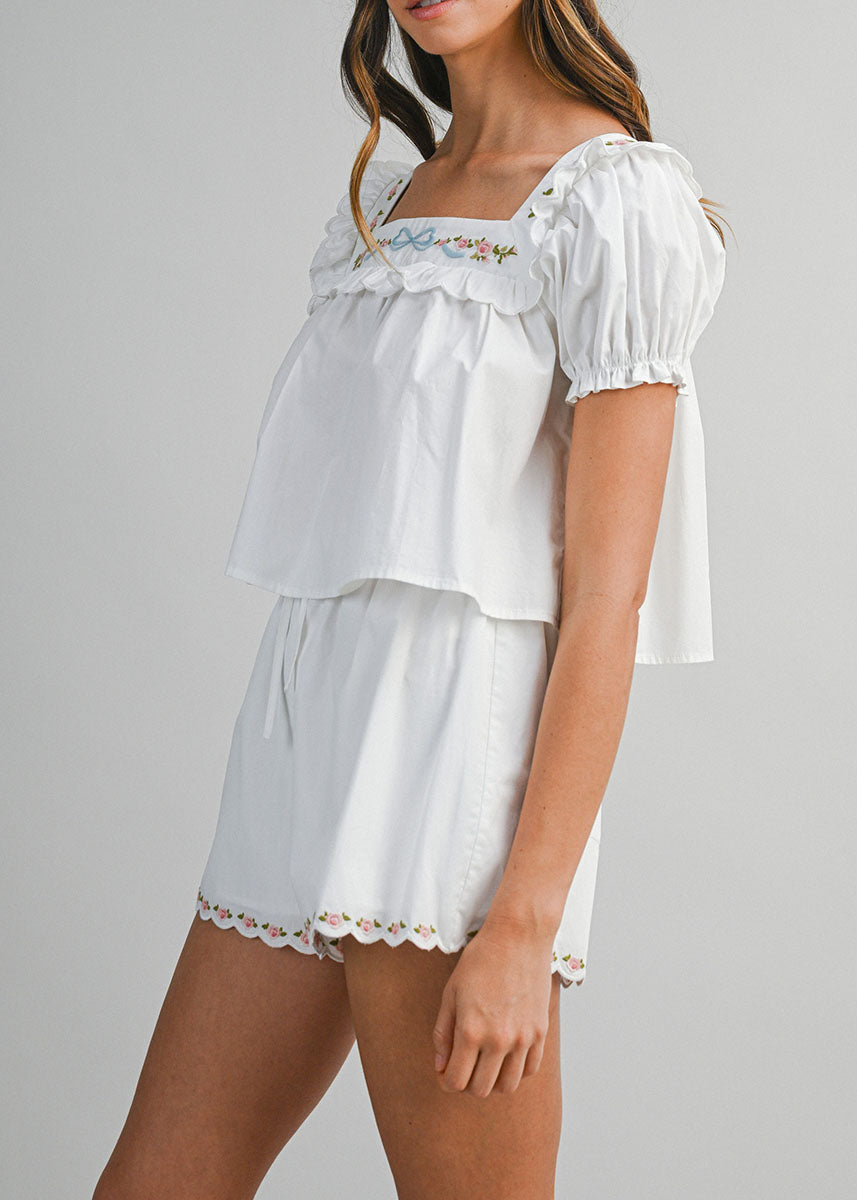 Keelie Embroidered Puff Crop Top & Short Set - Off-White