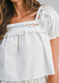 Keelie Embroidered Puff Crop Top & Short Set - Off-White