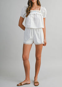 Keelie Embroidered Puff Crop Top & Short Set - Off-White