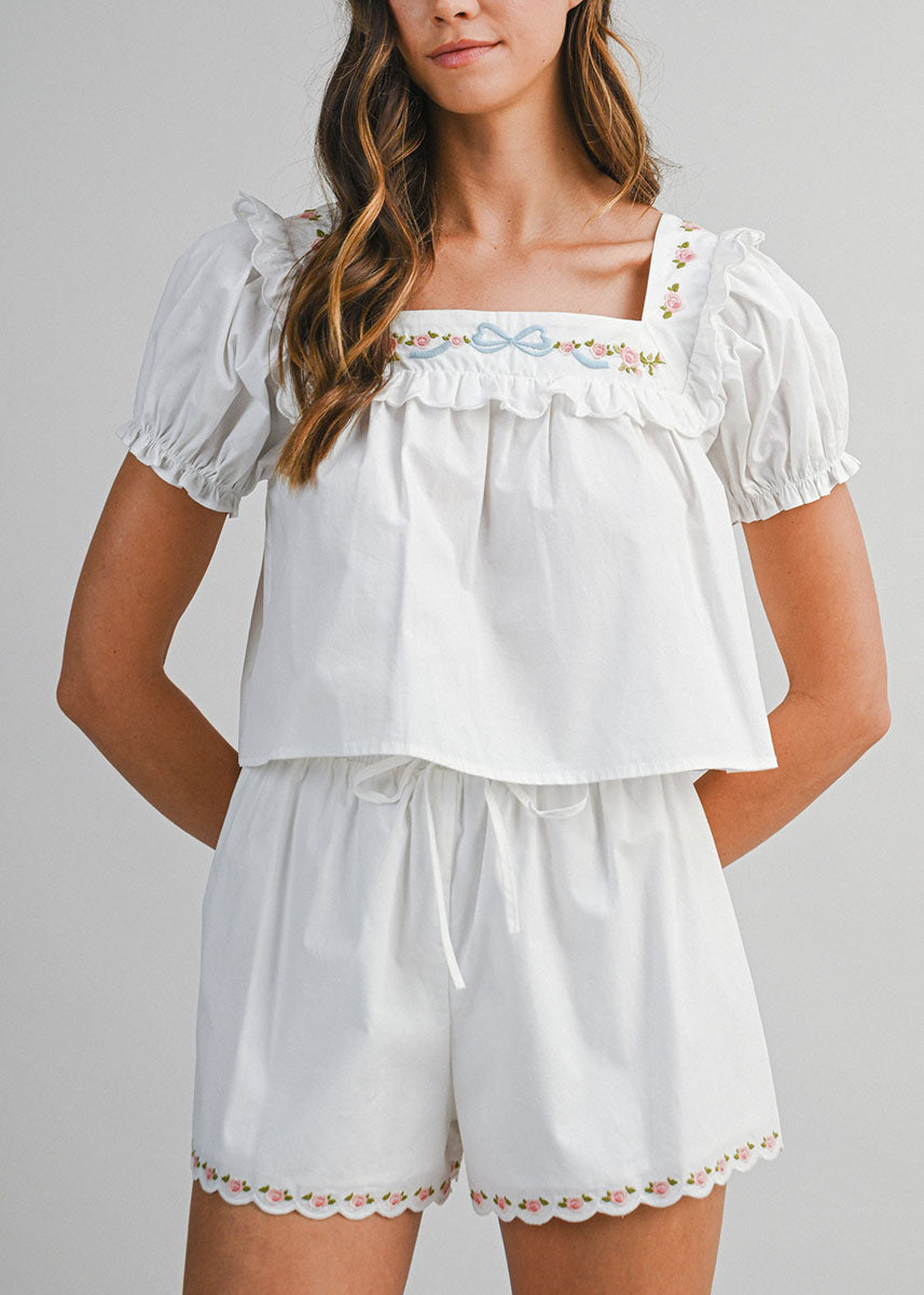 Keelie Embroidered Puff Crop Top & Short Set - Off-White
