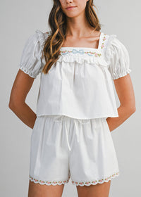 Keelie Embroidered Puff Crop Top & Short Set - Off-White