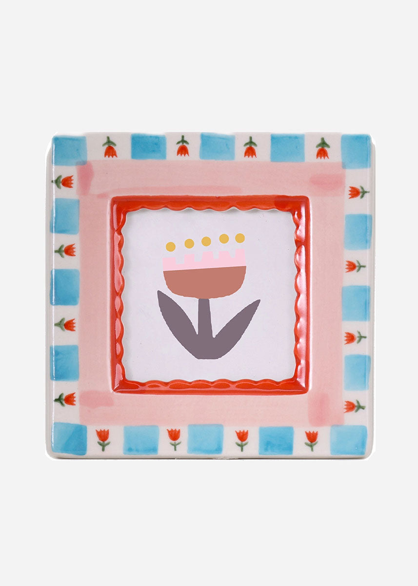 Square Ceramic Photo Frame - Red Flowers