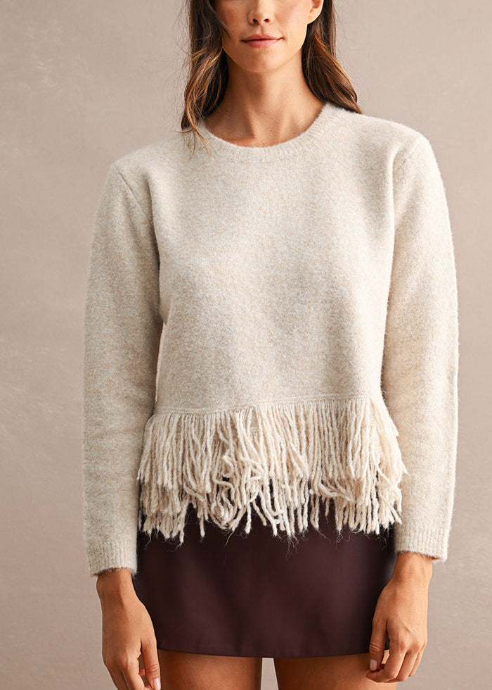 Colette Fringe Knit Top - Light Taupe
