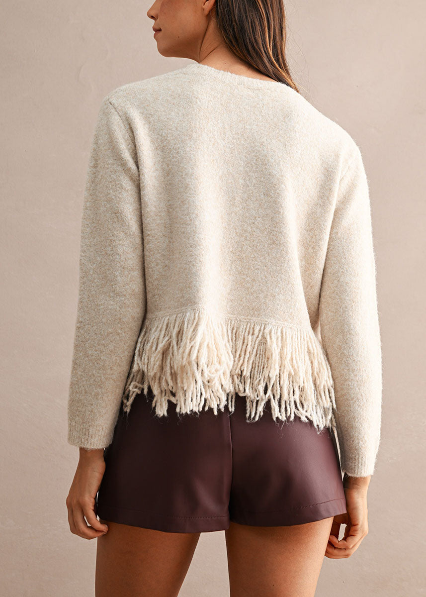 Colette Fringe Knit Top - Light Taupe