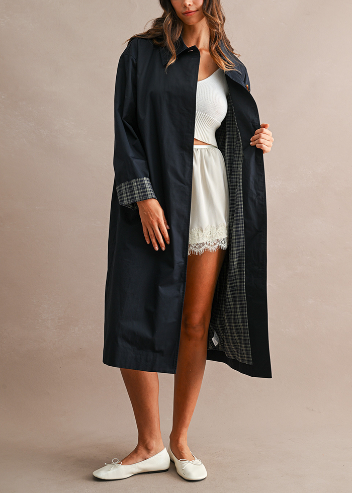 Elinia Longline Cape Scarf Trench Coat - Navy