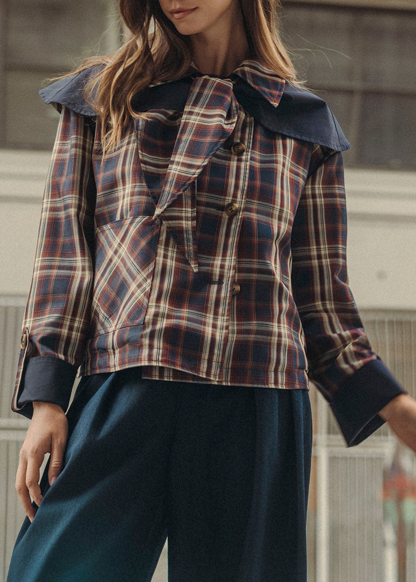 Indie Contrast Cape Plaid Jacket - Navy