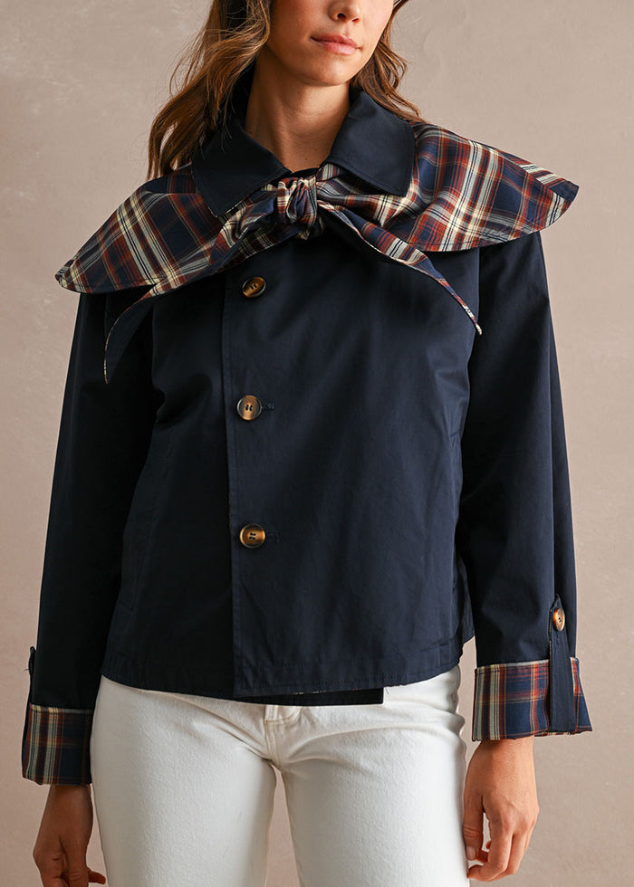 Indie Contrast Cape Plaid Jacket - Navy