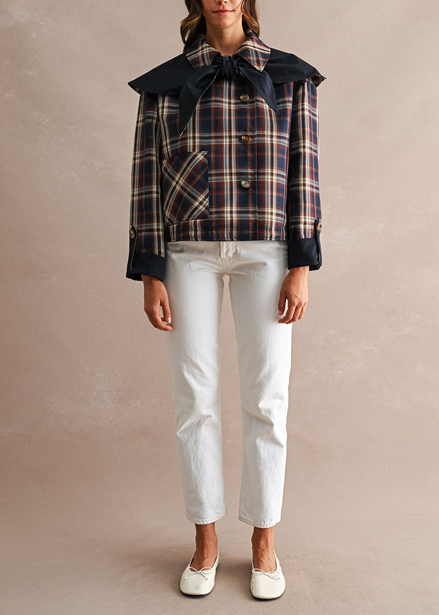 Indie Contrast Cape Plaid Jacket - Navy