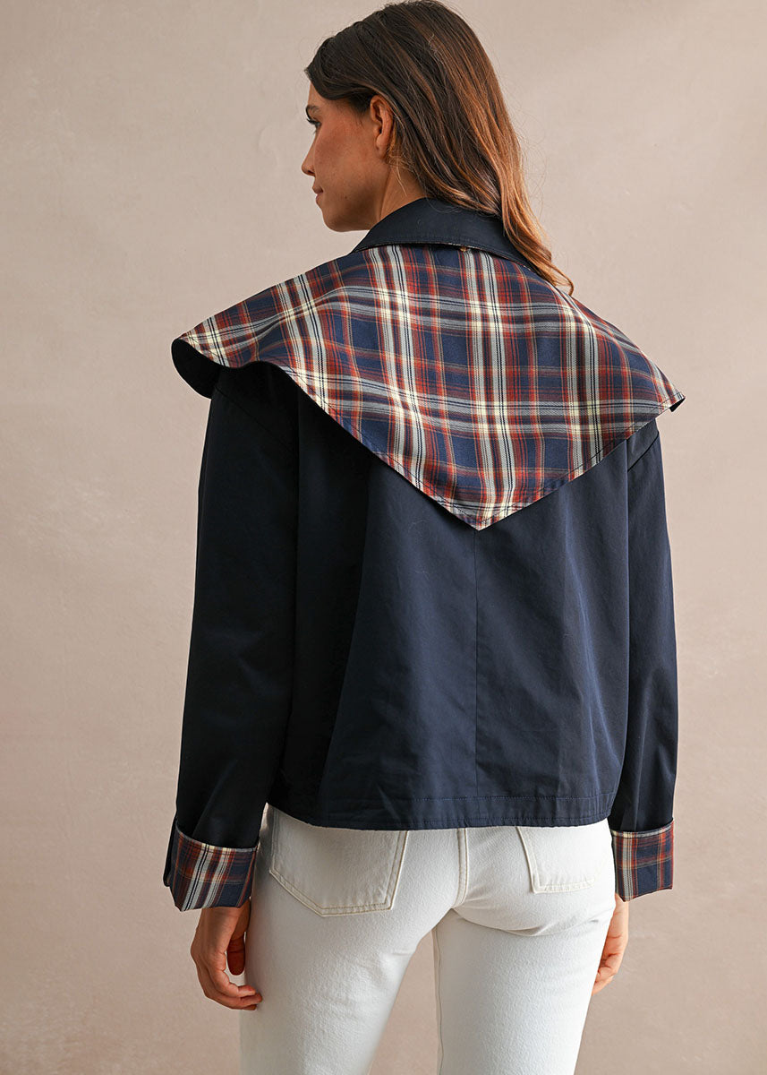 Indie Contrast Cape Plaid Jacket - Navy