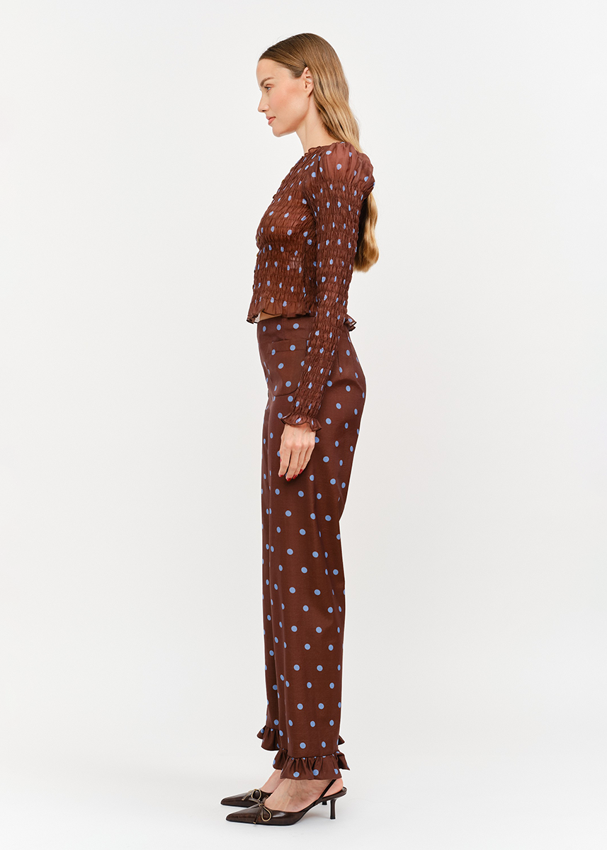 Paloma Straight Ruffle Polka Dot Pant - Brown