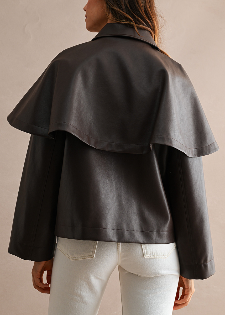 Ramy Cape Faux Leather Jacket - Chocolate Brown