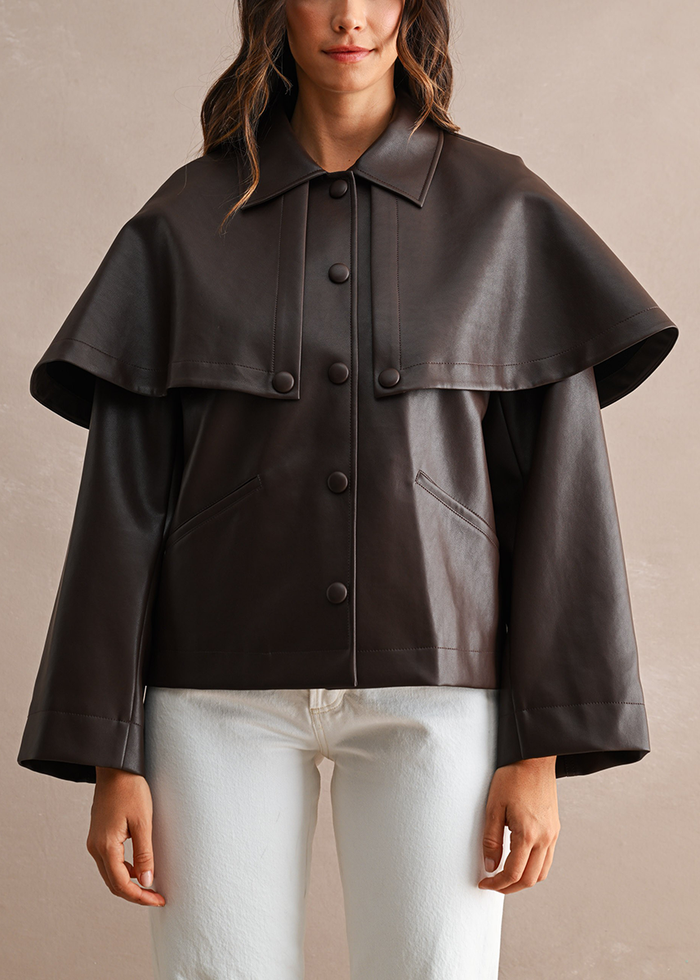 Ramy Cape Faux Leather Jacket - Chocolate Brown
