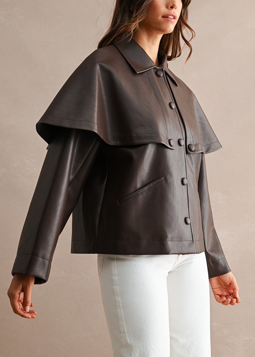 Ramy Cape Faux Leather Jacket - Chocolate Brown