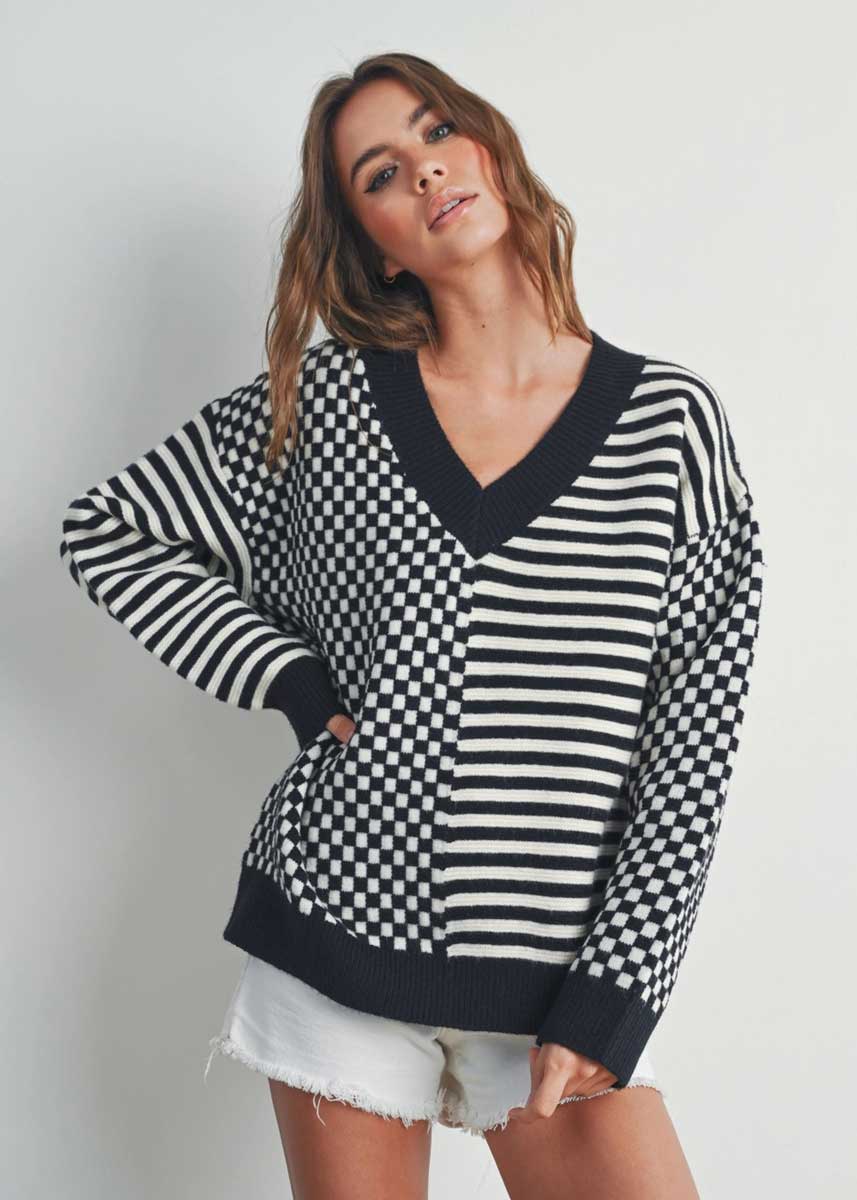 Frenchy Checker Sweater - Ivory & Black