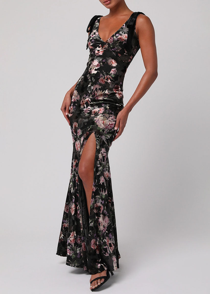 Coraline Velvet Tie-Shoulder Maxi Dress - Black Floral